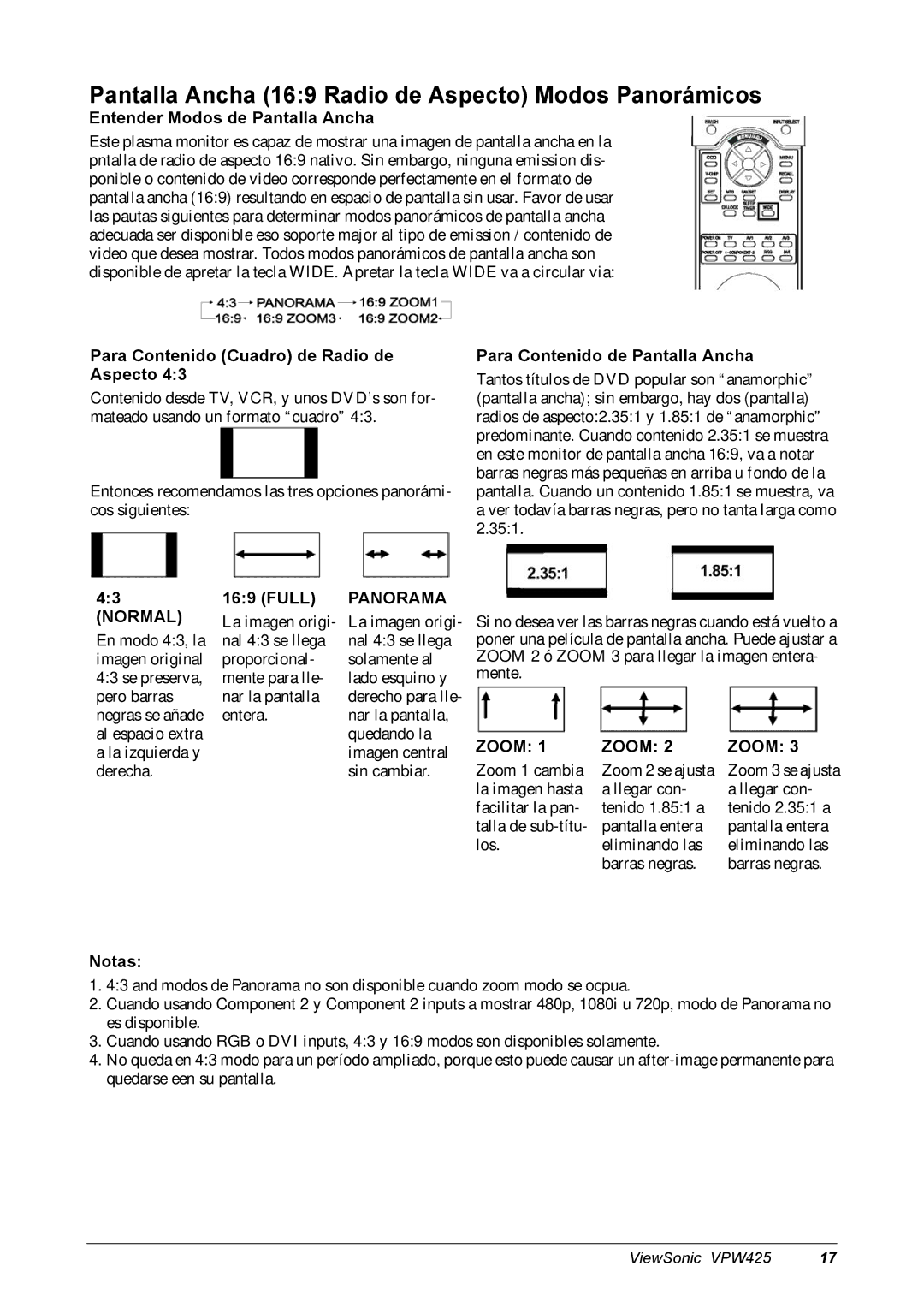 ViewSonic VPW425 manual Pantalla Ancha 169 Radio de Aspecto Modos Panorámicos, Entender Modos de Pantalla Ancha, Full 
