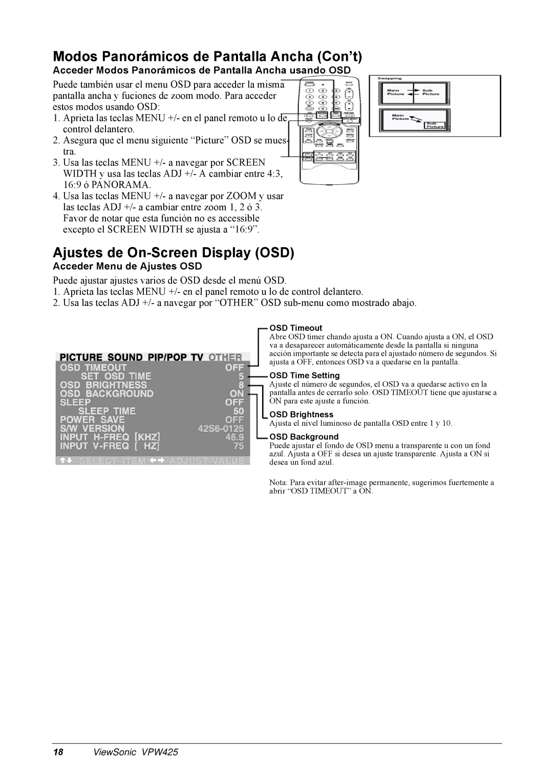 ViewSonic VPW425 Modos Panorámicos de Pantalla Ancha Con’t, Ajustes de On-Screen Display OSD, Acceder Menu de Ajustes OSD 