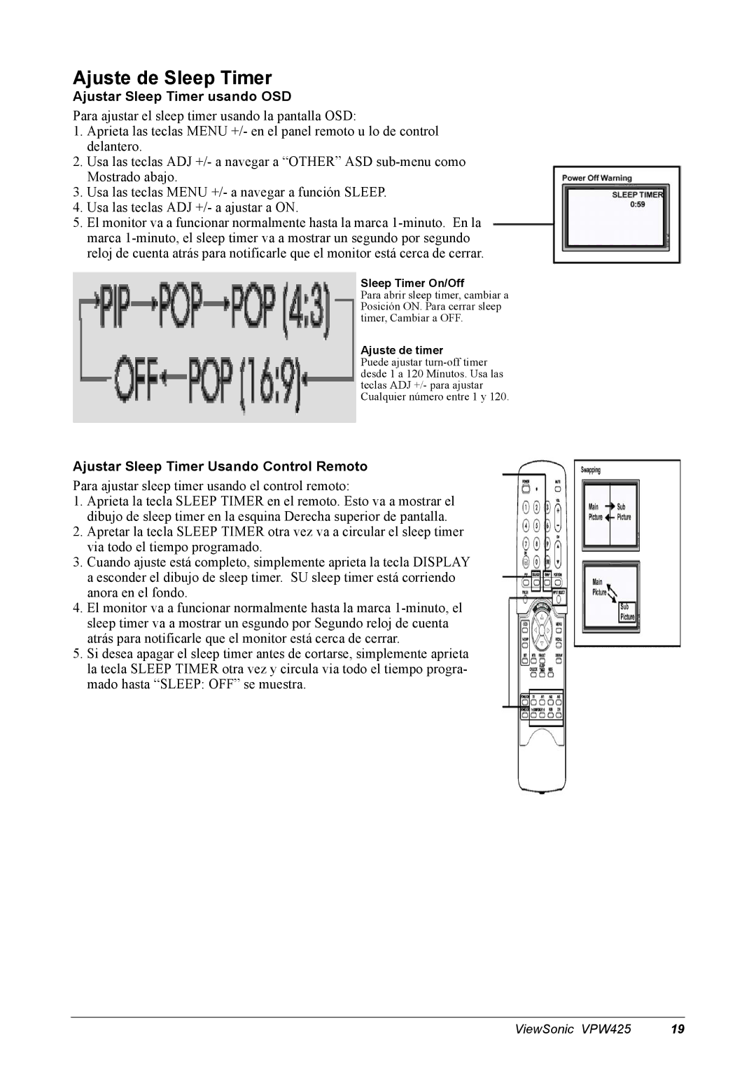 ViewSonic VPW425 manual Ajuste de Sleep Timer, Ajustar Sleep Timer usando OSD, Ajustar Sleep Timer Usando Control Remoto 