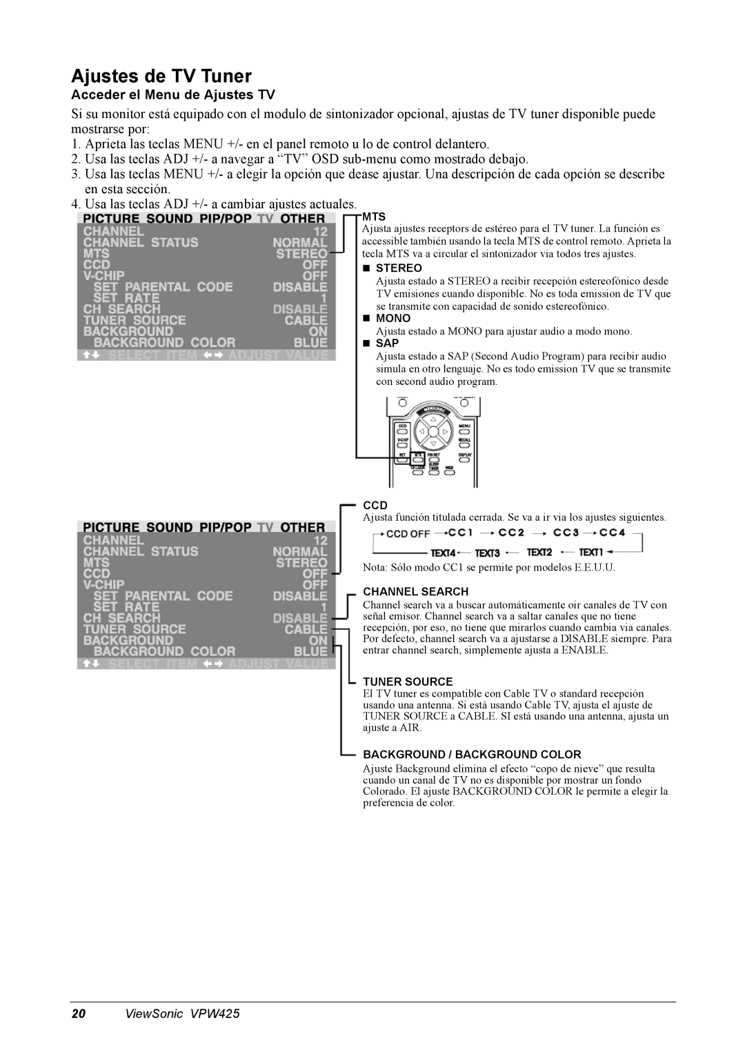 ViewSonic VPW425 manual Ajustes de TV Tuner, Acceder el Menu de Ajustes TV 