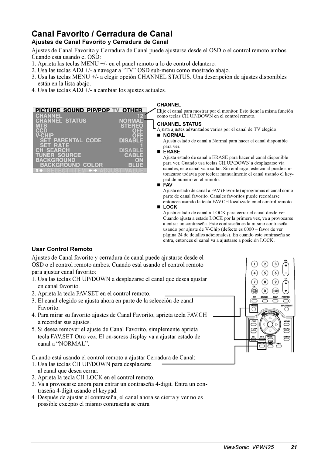 ViewSonic VPW425 manual Canal Favorito / Cerradura de Canal, Ajustes de Canal Favorito y Cerradura de Canal 