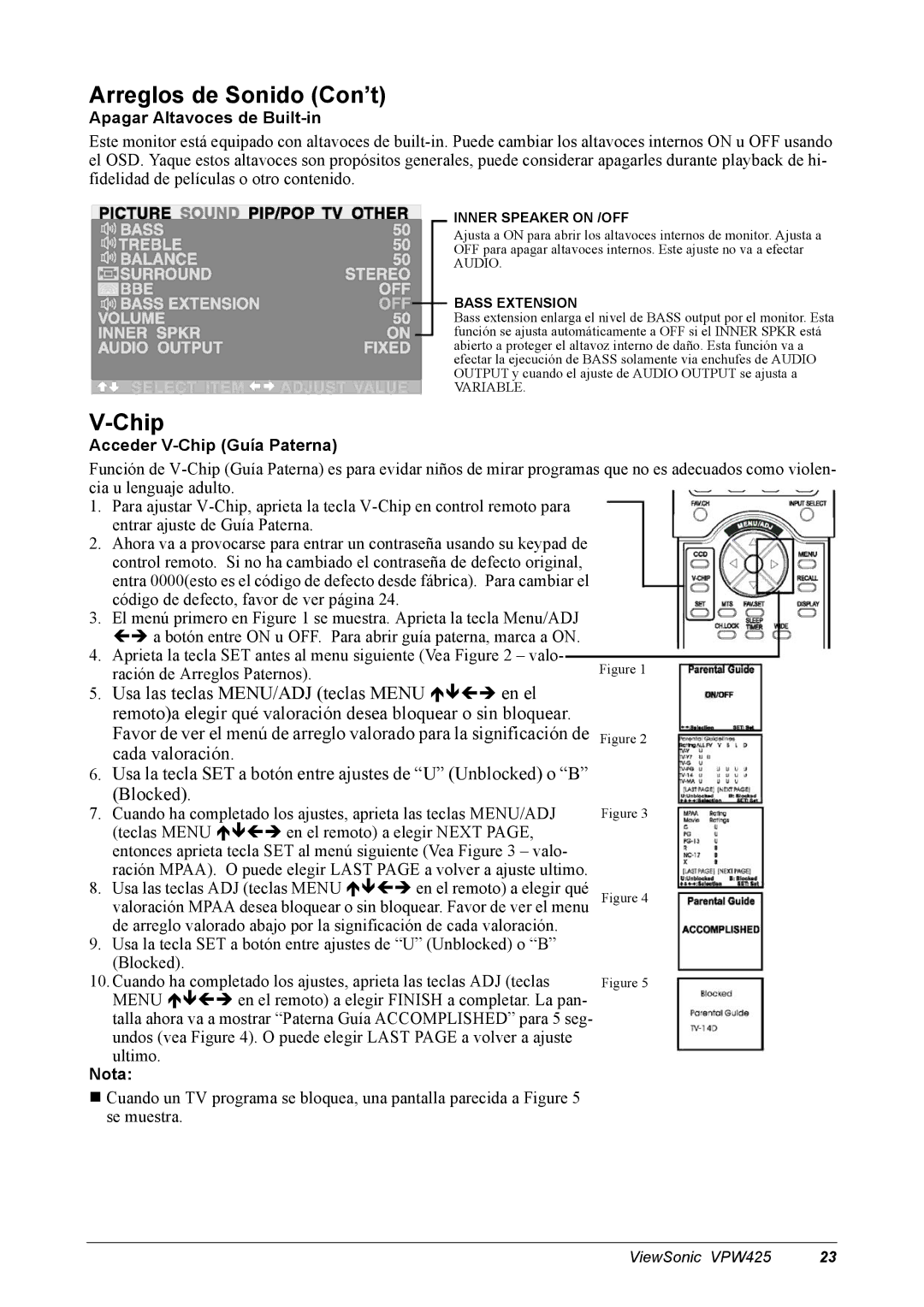 ViewSonic VPW425 manual Arreglos de Sonido Con’t, Apagar Altavoces de Built-in, Acceder V-Chip Guía Paterna 