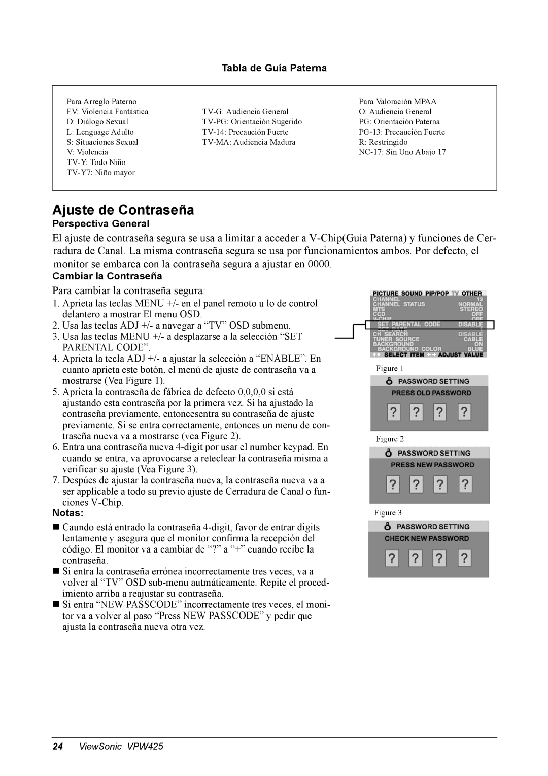 ViewSonic VPW425 manual Ajuste de Contraseña, Tabla de Guía Paterna, Perspectiva General, Cambiar la Contraseña 