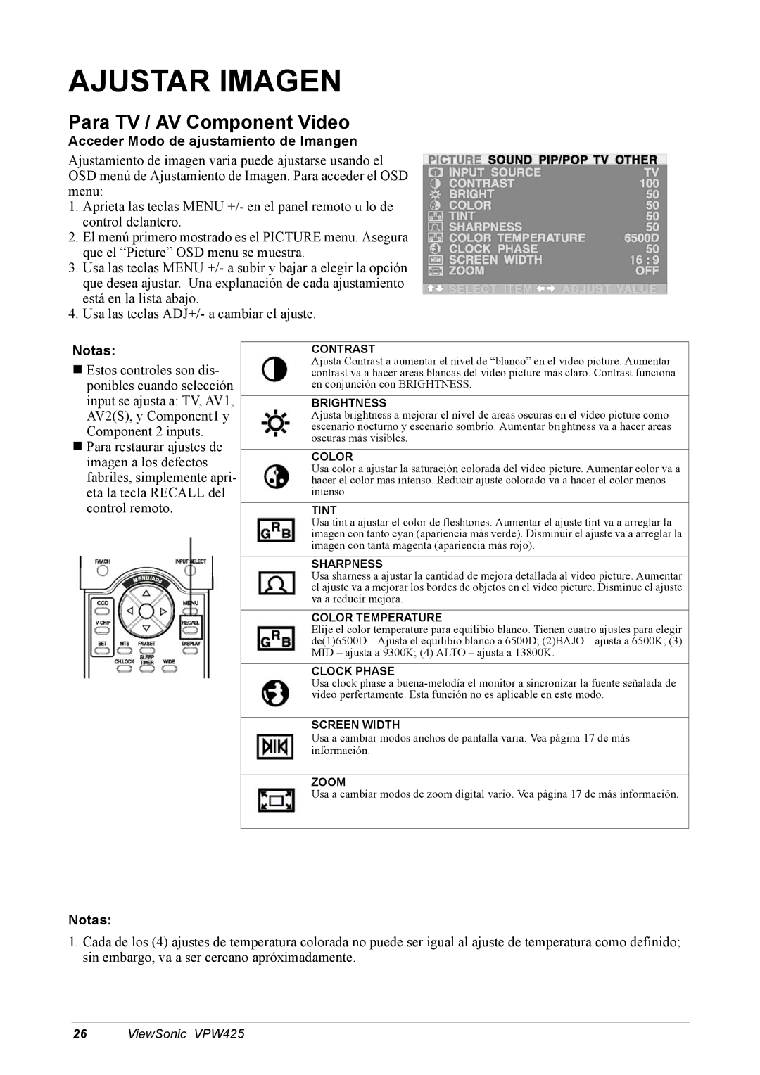 ViewSonic VPW425 manual Ajustar Imagen, Para TV / AV Component Video, Acceder Modo de ajustamiento de Imangen 