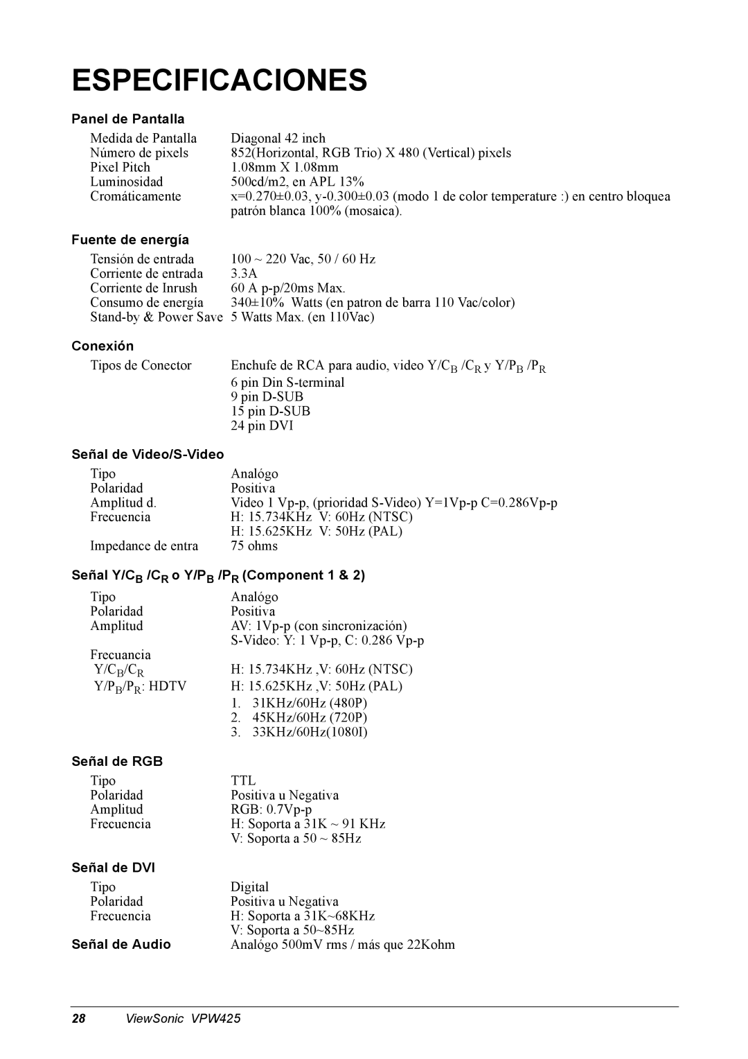 ViewSonic VPW425 manual Especificaciones 