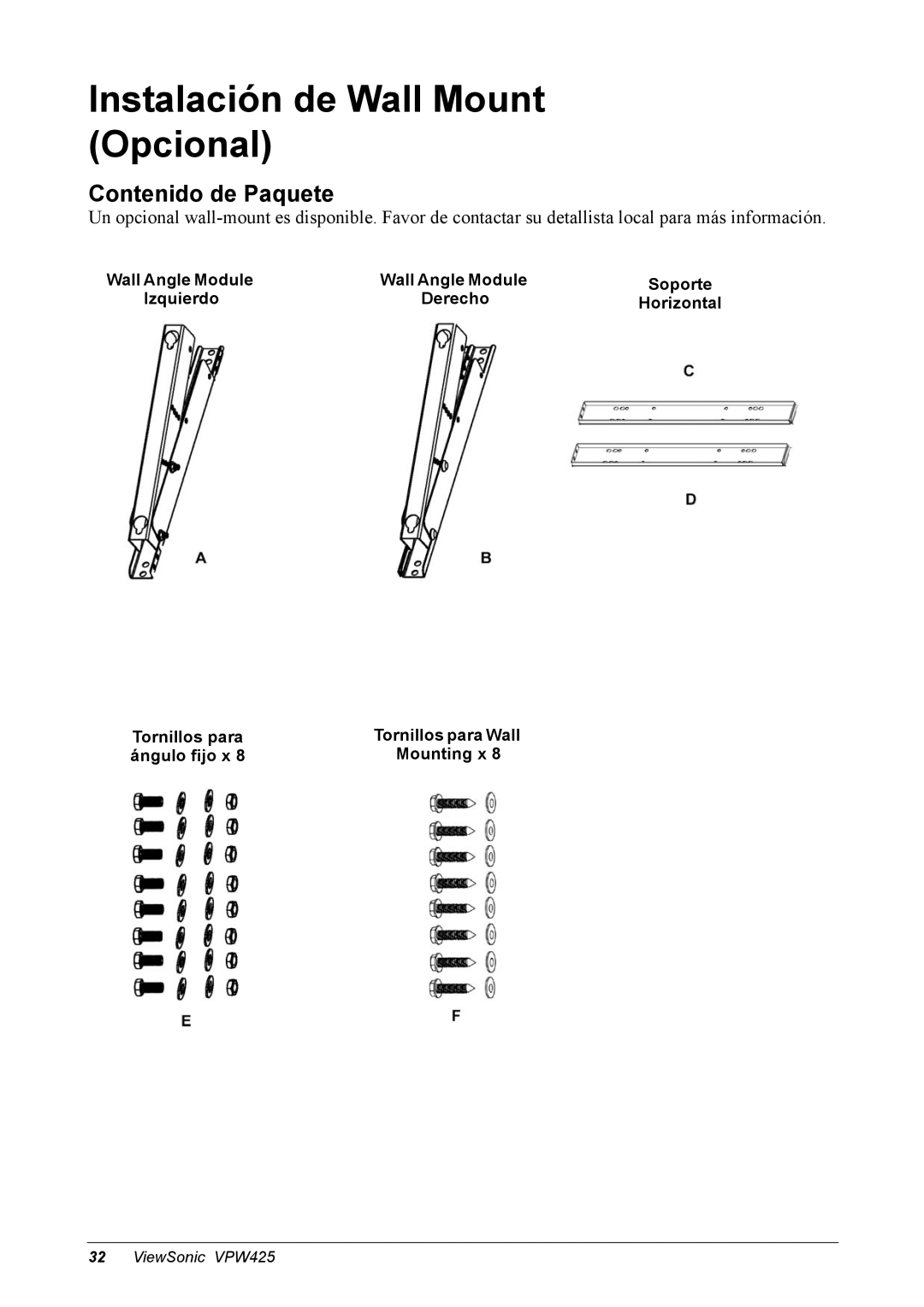 ViewSonic VPW425 manual Contenido de Paquete, Tornillos para, Ángulo fijo x 