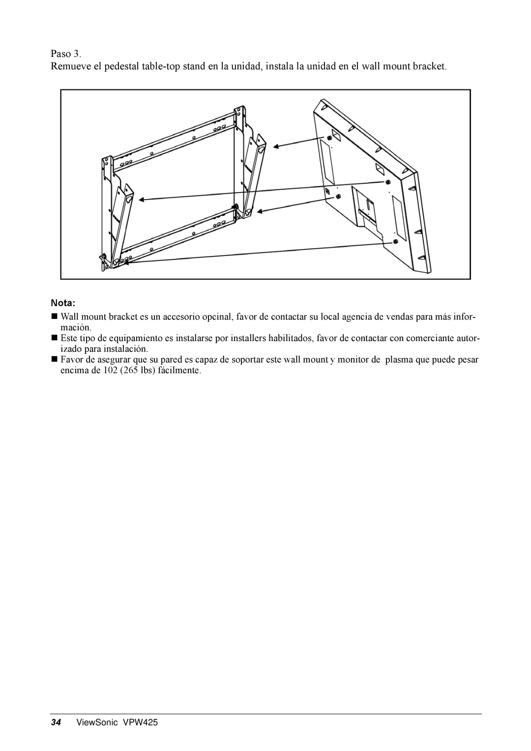 ViewSonic VPW425 manual Nota 