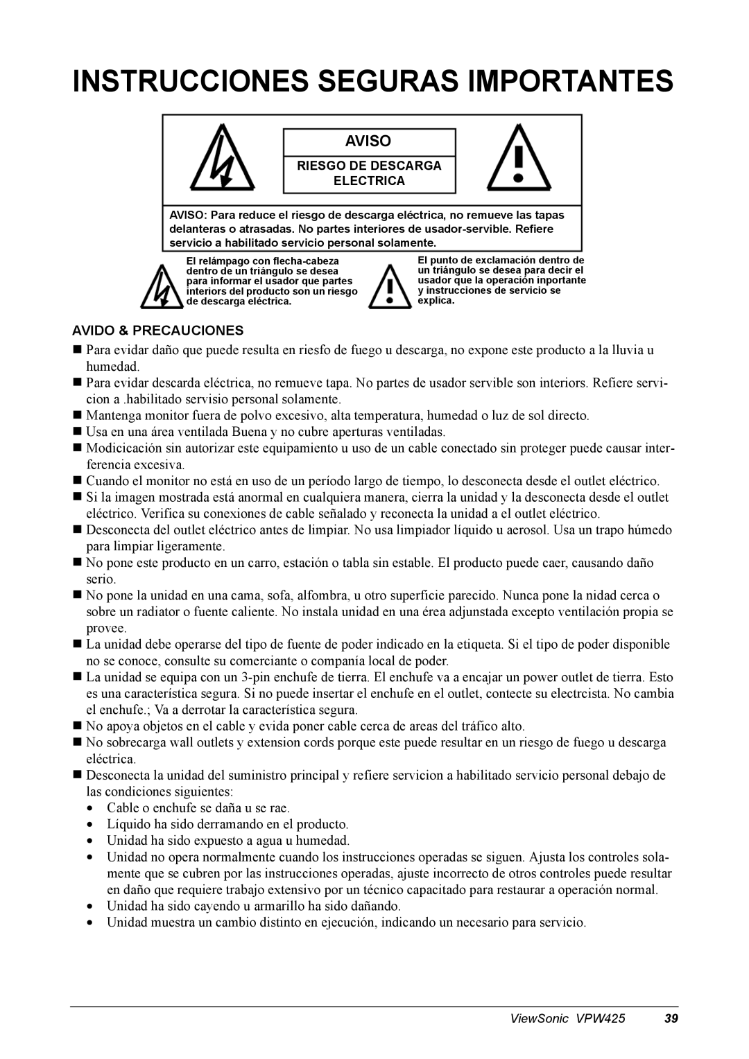 ViewSonic VPW425 manual Instrucciones Seguras Importantes, Aviso 