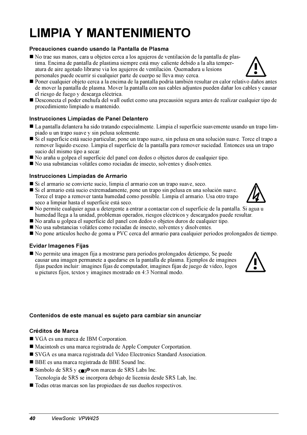 ViewSonic VPW425 manual Limpia Y Mantenimiento, Precauciones cuando usando la Pantalla de Plasma, Evidar Imagenes Fijas 