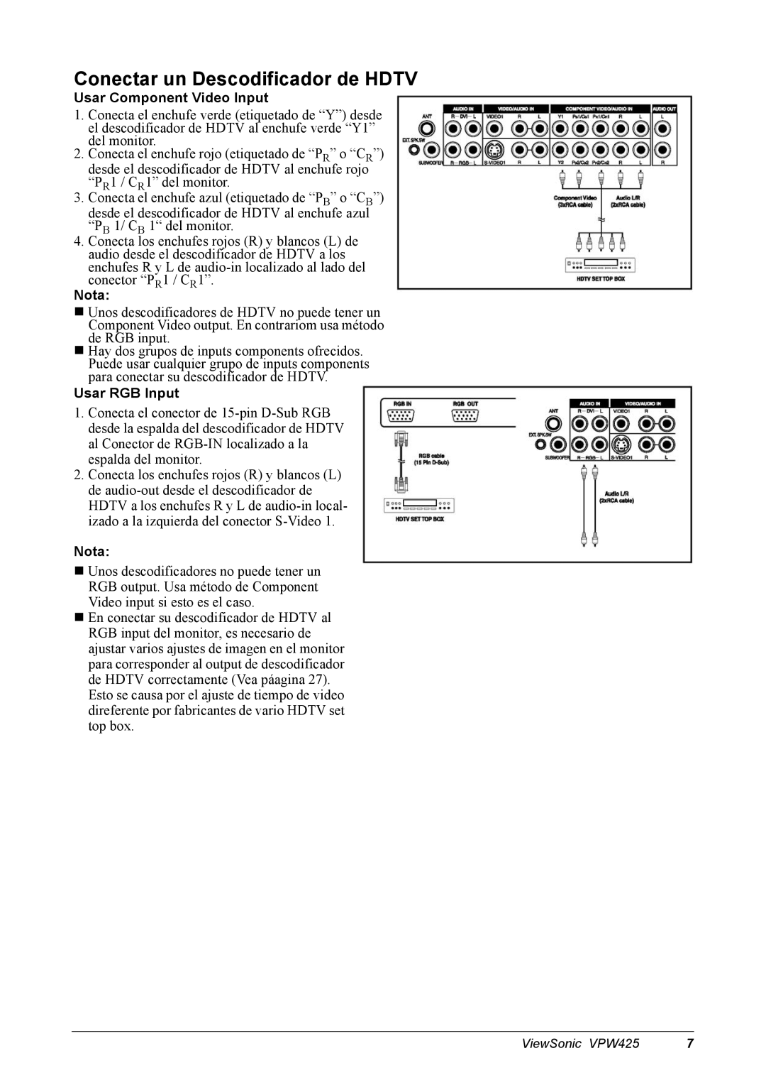 ViewSonic VPW425 manual Conectar un Descodificador de Hdtv, Usar RGB Input 