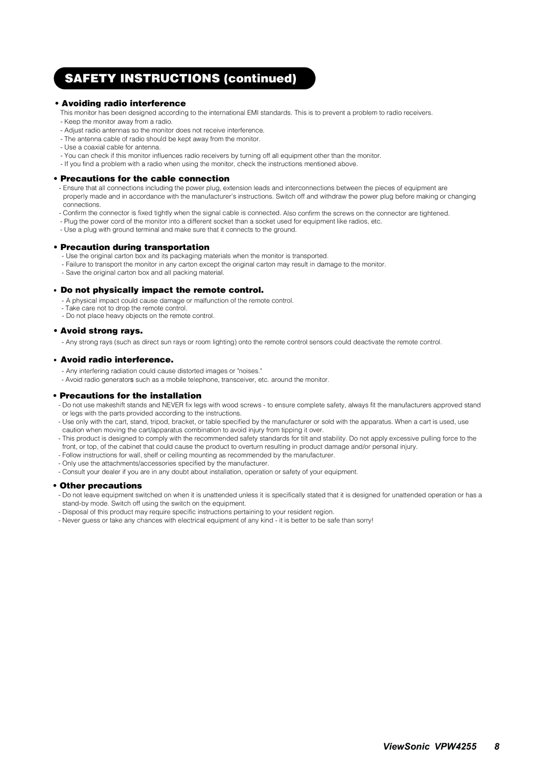 ViewSonic VPW4255 Avoiding radio interference, Precautions for the cable connection, Precaution during transportation 