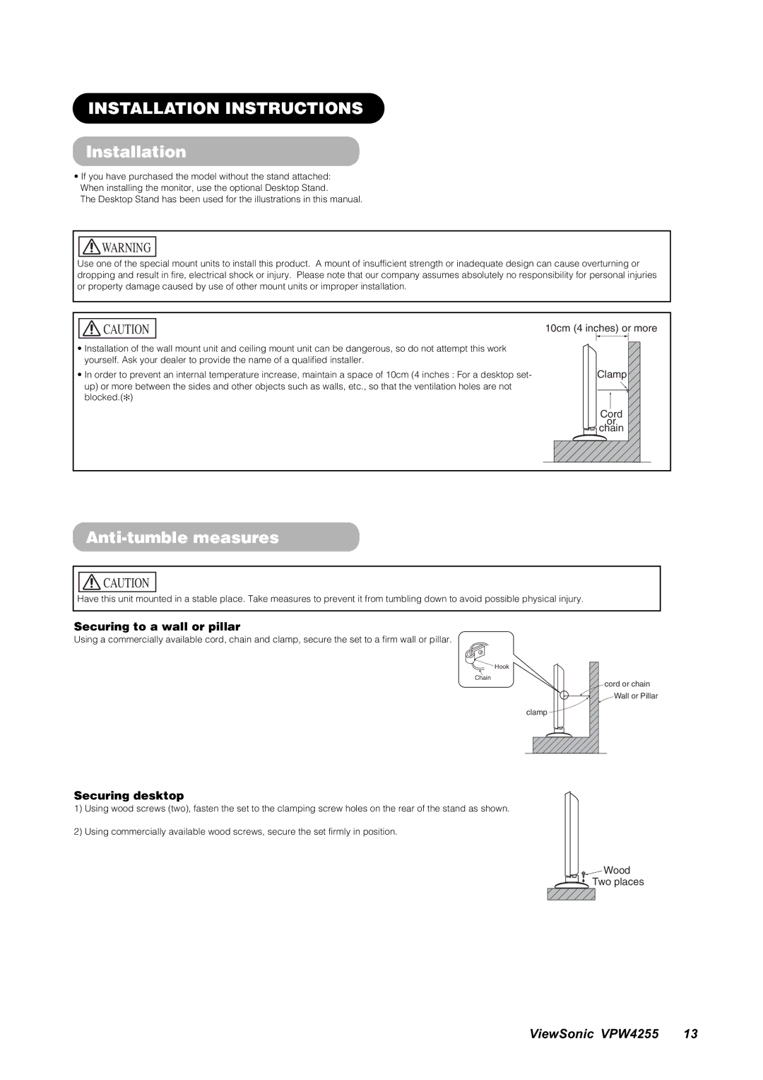 ViewSonic VPW4255 manual Installation Instructions, Anti-tumble measures, Securing to a wall or pillar, Securing desktop 