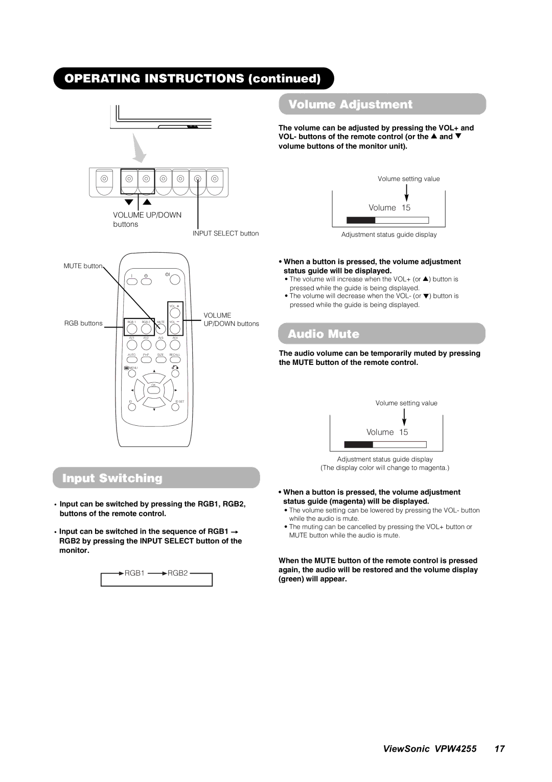 ViewSonic VPW4255 Operating Instructions Volume Adjustment, Audio Mute, Input Switching, Status guide will be displayed 