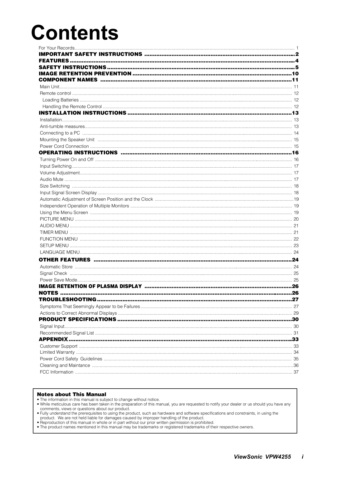 ViewSonic VPW4255 manual Contents 