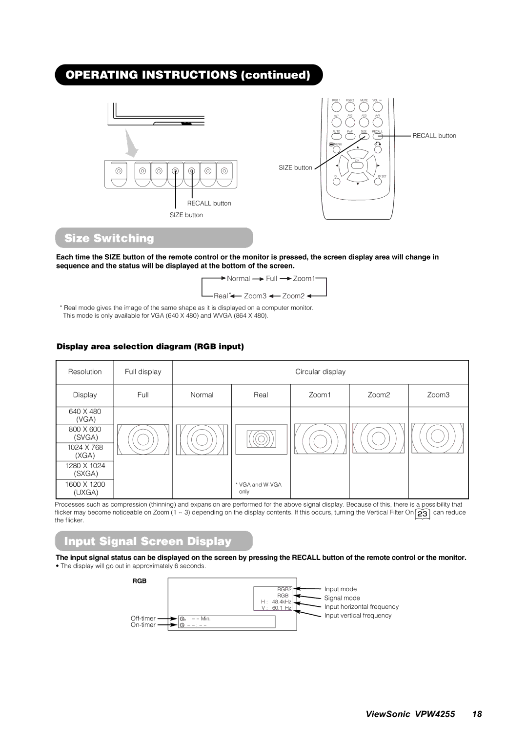 ViewSonic VPW4255 manual Operating Instructions, Size Switching, Input Signal Screen Display 