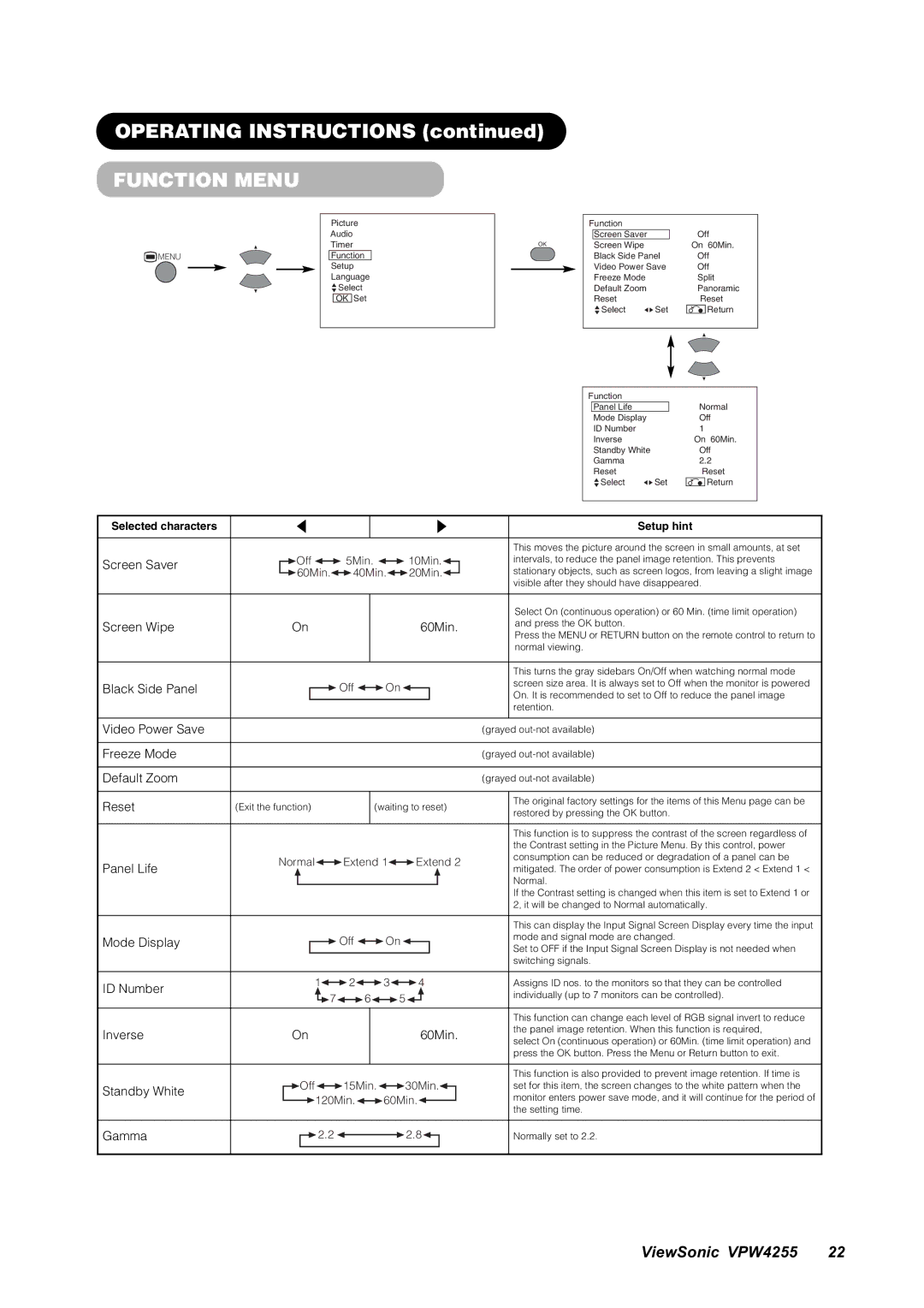 ViewSonic VPW4255 manual Function Menu, 60Min 