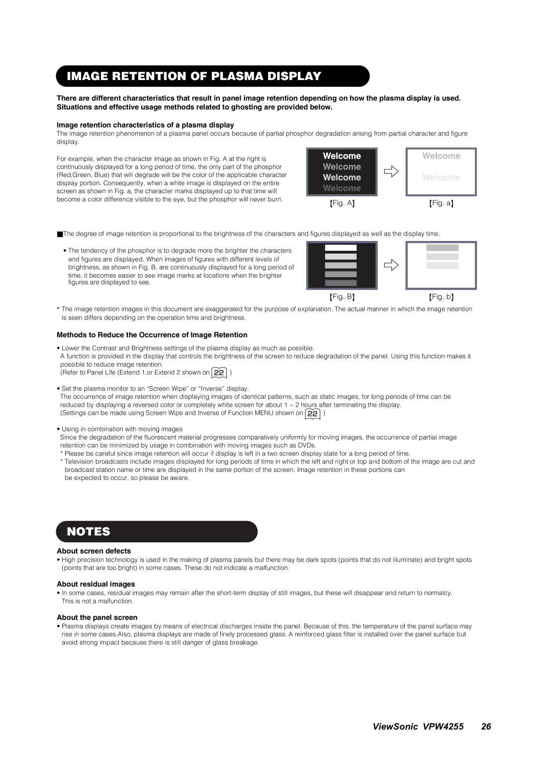 ViewSonic VPW4255 manual Image Retention of Plasma Display, Methods to Reduce the Occurrence of Image Retention 