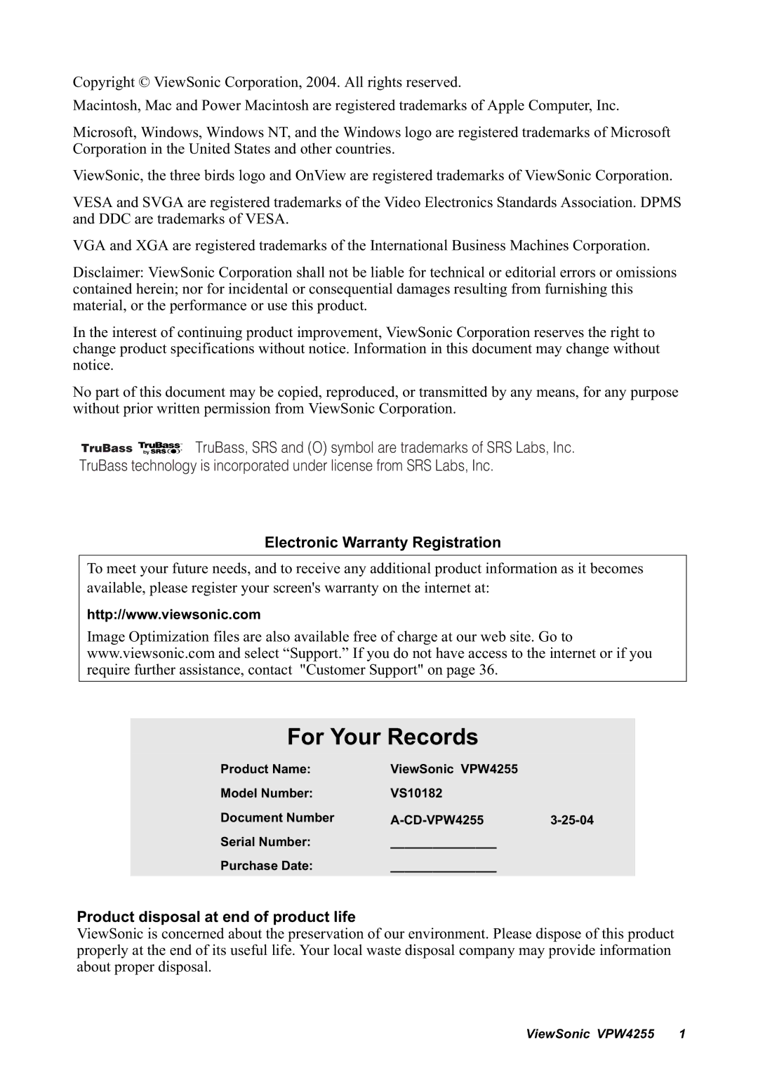 ViewSonic VPW4255 manual For Your Records 