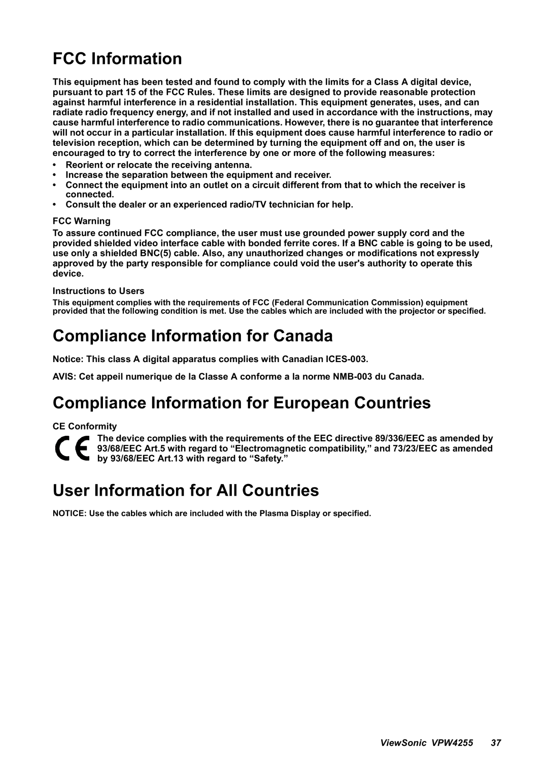 ViewSonic VPW4255 manual Compliance Information for Canada 