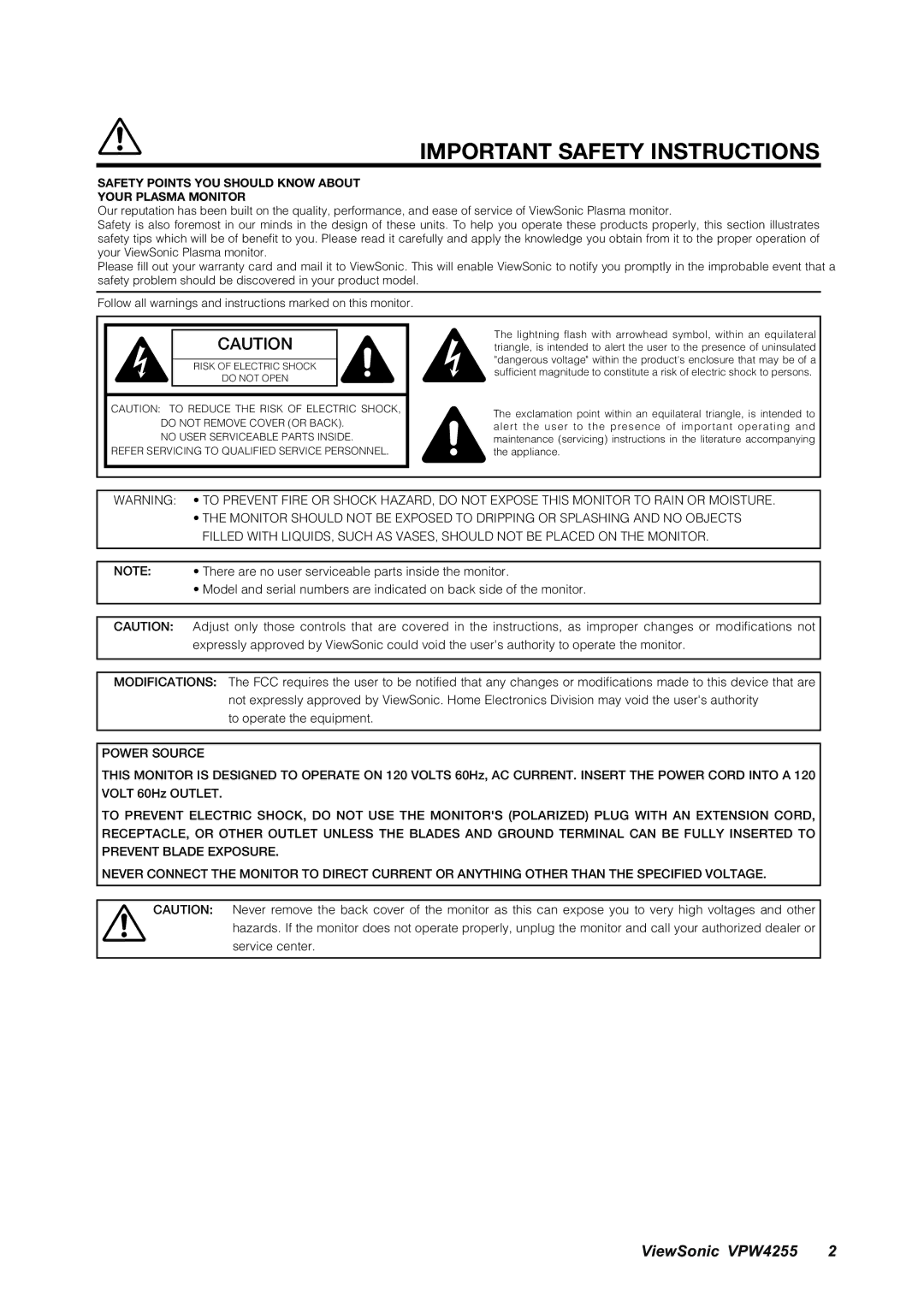 ViewSonic VPW4255 manual Important Safety Instructions 