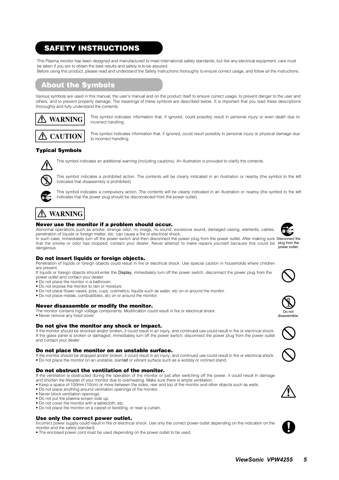 ViewSonic VPW4255 manual Safety Instructions, About the Symbols 