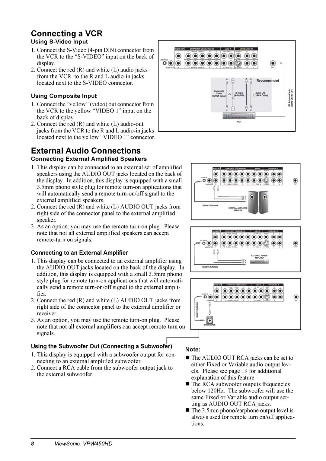 ViewSonic VPW450HD manual Connecting a VCR, External Audio Connections 