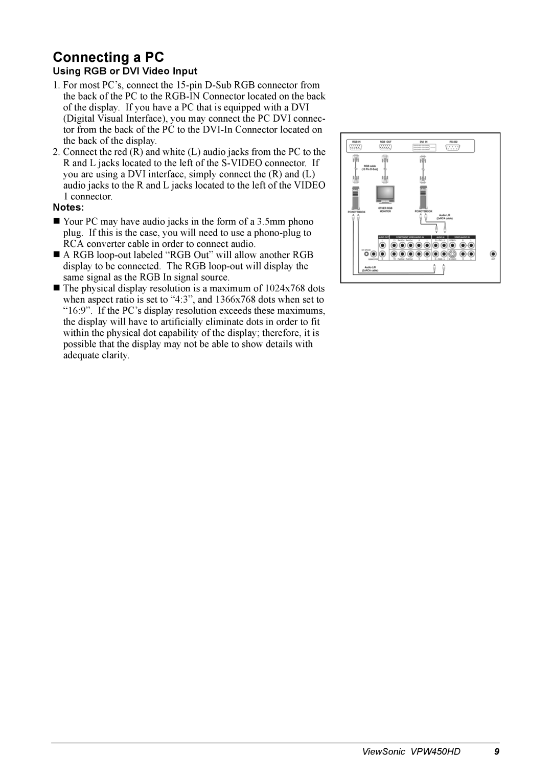 ViewSonic VPW450HD manual Connecting a PC, Using RGB or DVI Video Input 