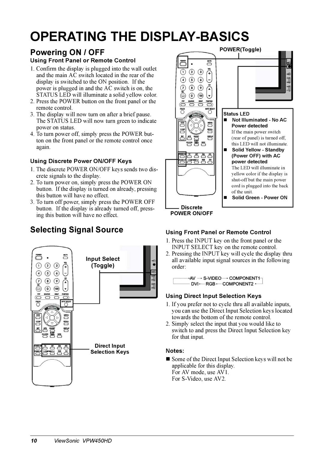 ViewSonic VPW450HD manual Operating the DISPLAY-BASICS, Powering on / OFF, Selecting Signal Source 