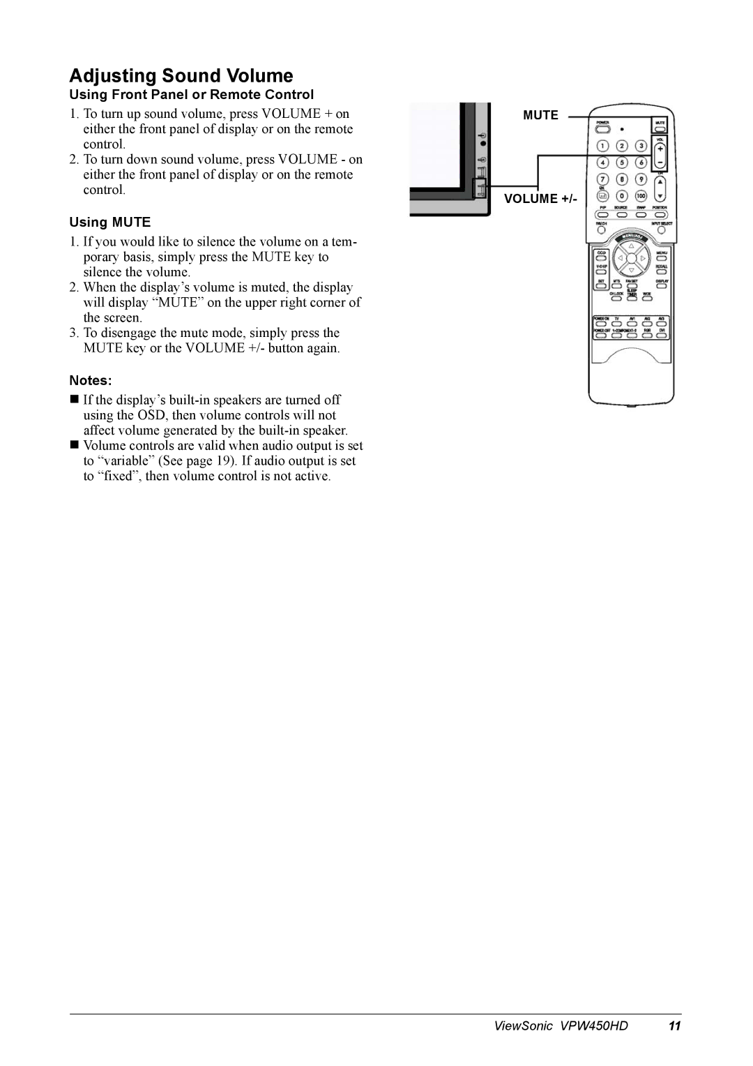 ViewSonic VPW450HD manual Adjusting Sound Volume, Using Mute 