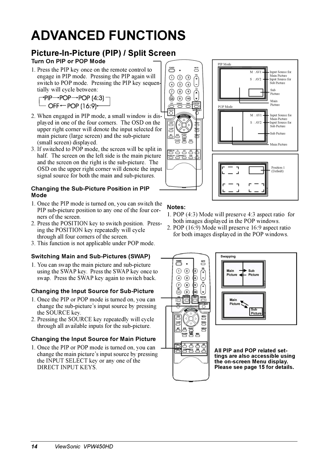 ViewSonic VPW450HD manual Advanced Functions, Picture-In-Picture PIP / Split Screen 