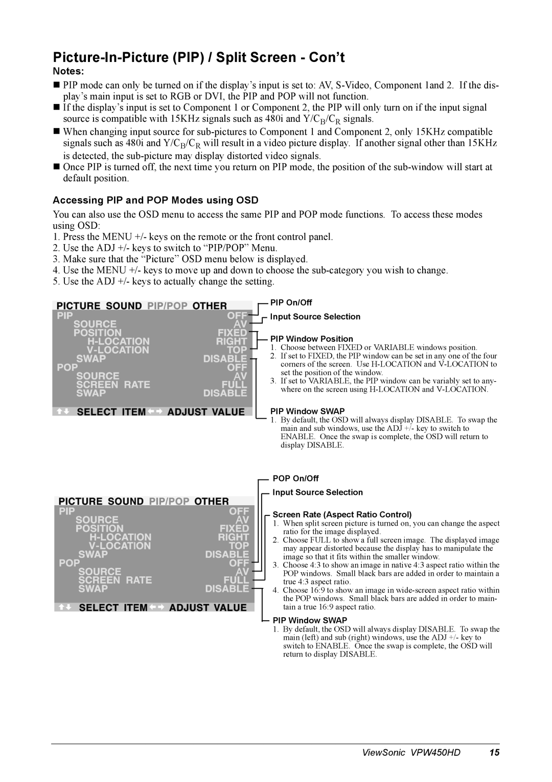 ViewSonic VPW450HD Picture-In-Picture PIP / Split Screen Con’t, Accessing PIP and POP Modes using OSD, PIP Window Swap 