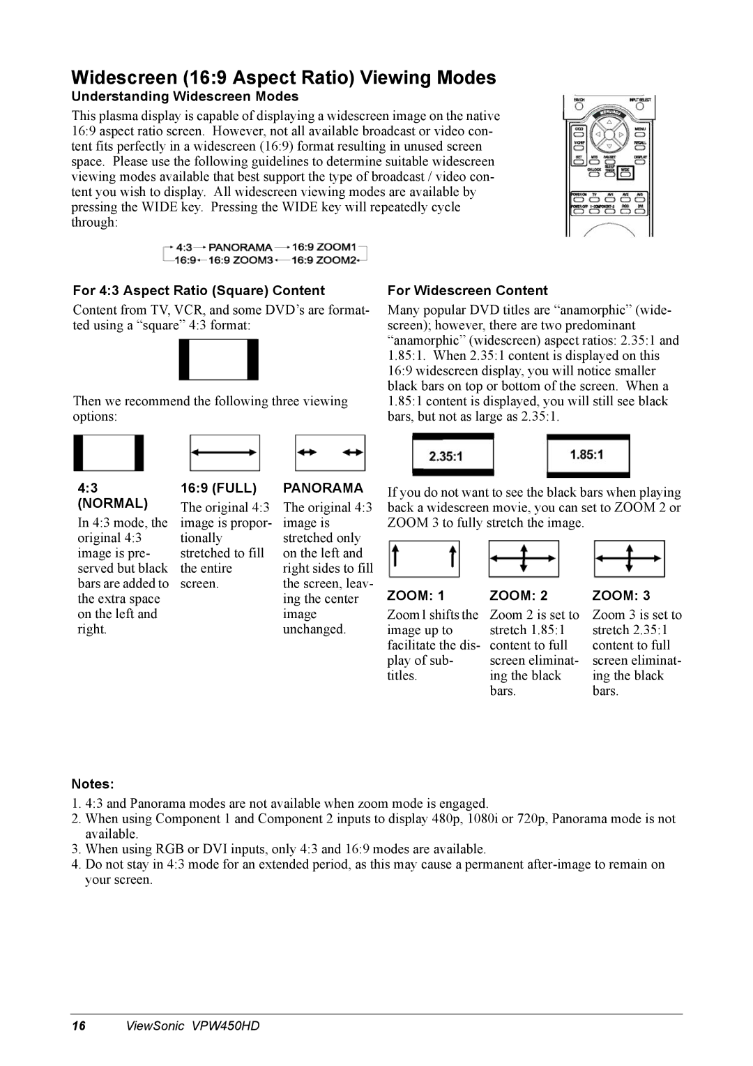 ViewSonic VPW450HD Widescreen 169 Aspect Ratio Viewing Modes, Understanding Widescreen Modes, For Widescreen Content, Full 