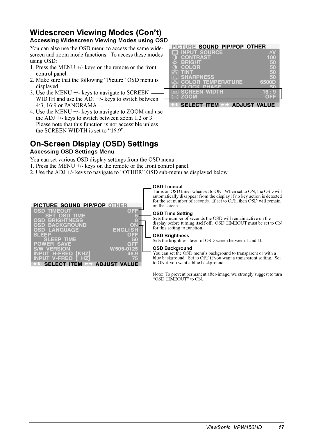 ViewSonic VPW450HD manual Widescreen Viewing Modes Con’t, On-Screen Display OSD Settings, Accessing OSD Settings Menu 