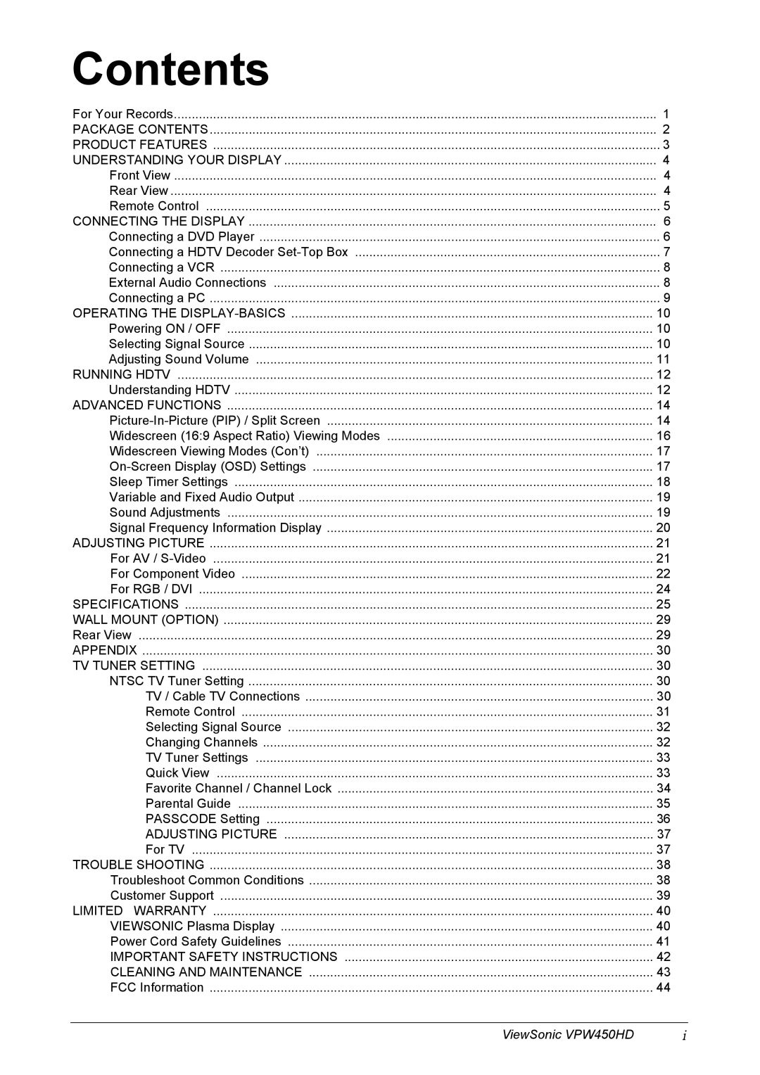 ViewSonic VPW450HD manual Contents 