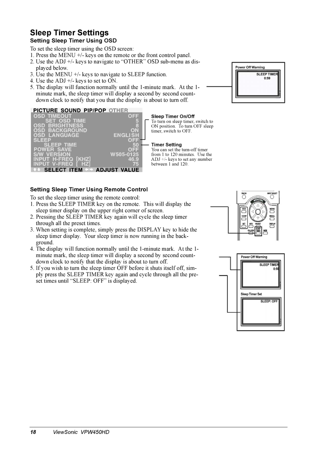 ViewSonic VPW450HD manual Sleep Timer Settings, Setting Sleep Timer Using OSD, Setting Sleep Timer Using Remote Control 