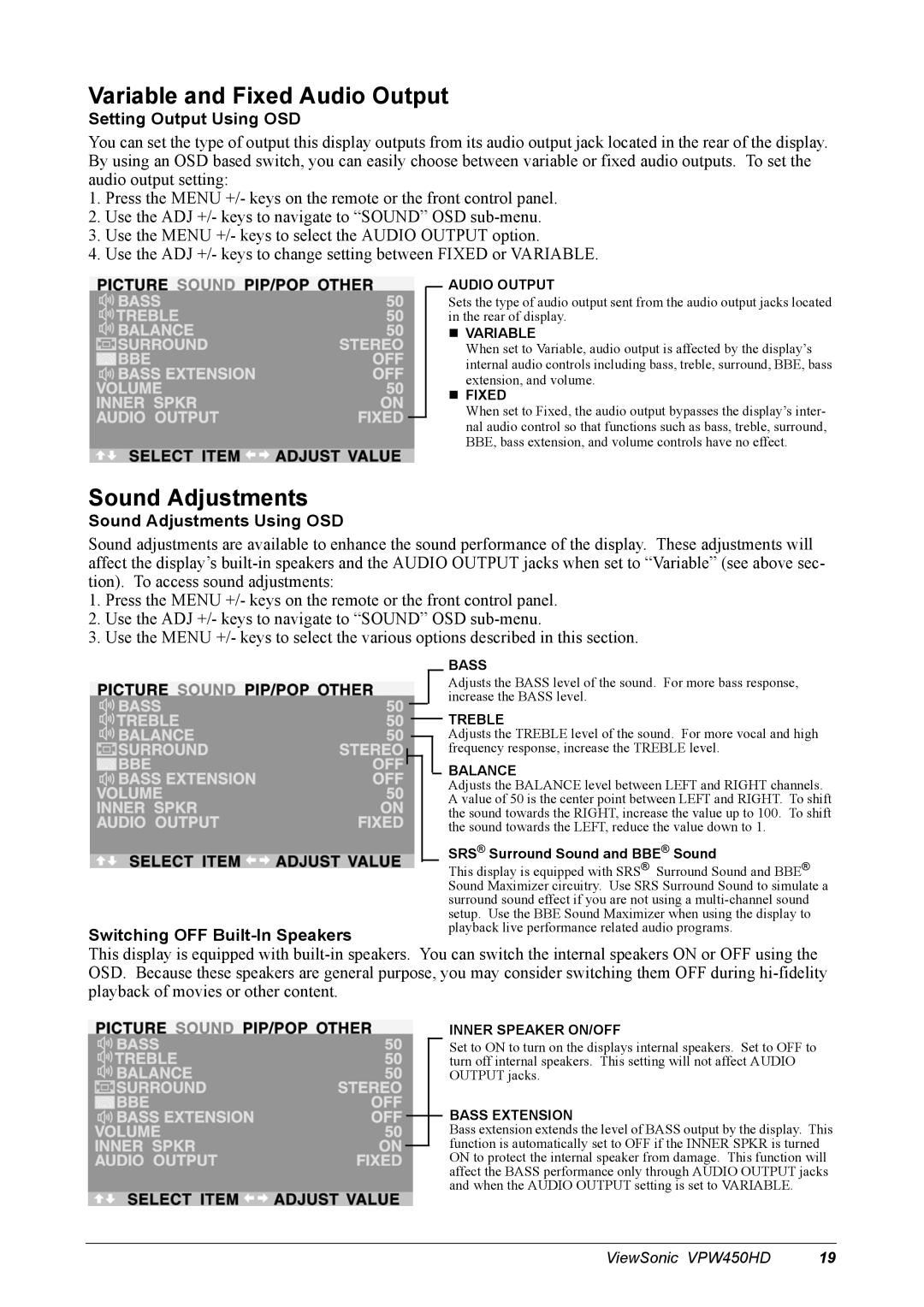 ViewSonic VPW450HD manual Variable and Fixed Audio Output, Sound Adjustments, Setting Output Using OSD 