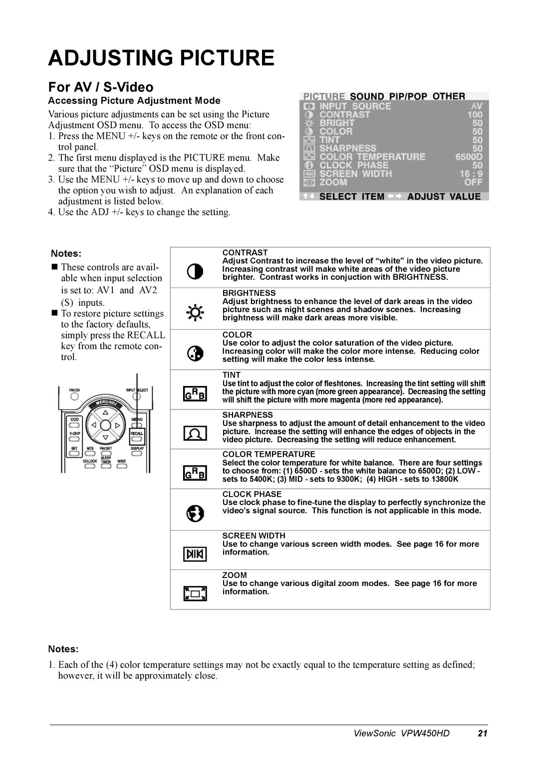 ViewSonic VPW450HD manual Adjusting Picture, For AV / S-Video, Accessing Picture Adjustment Mode 