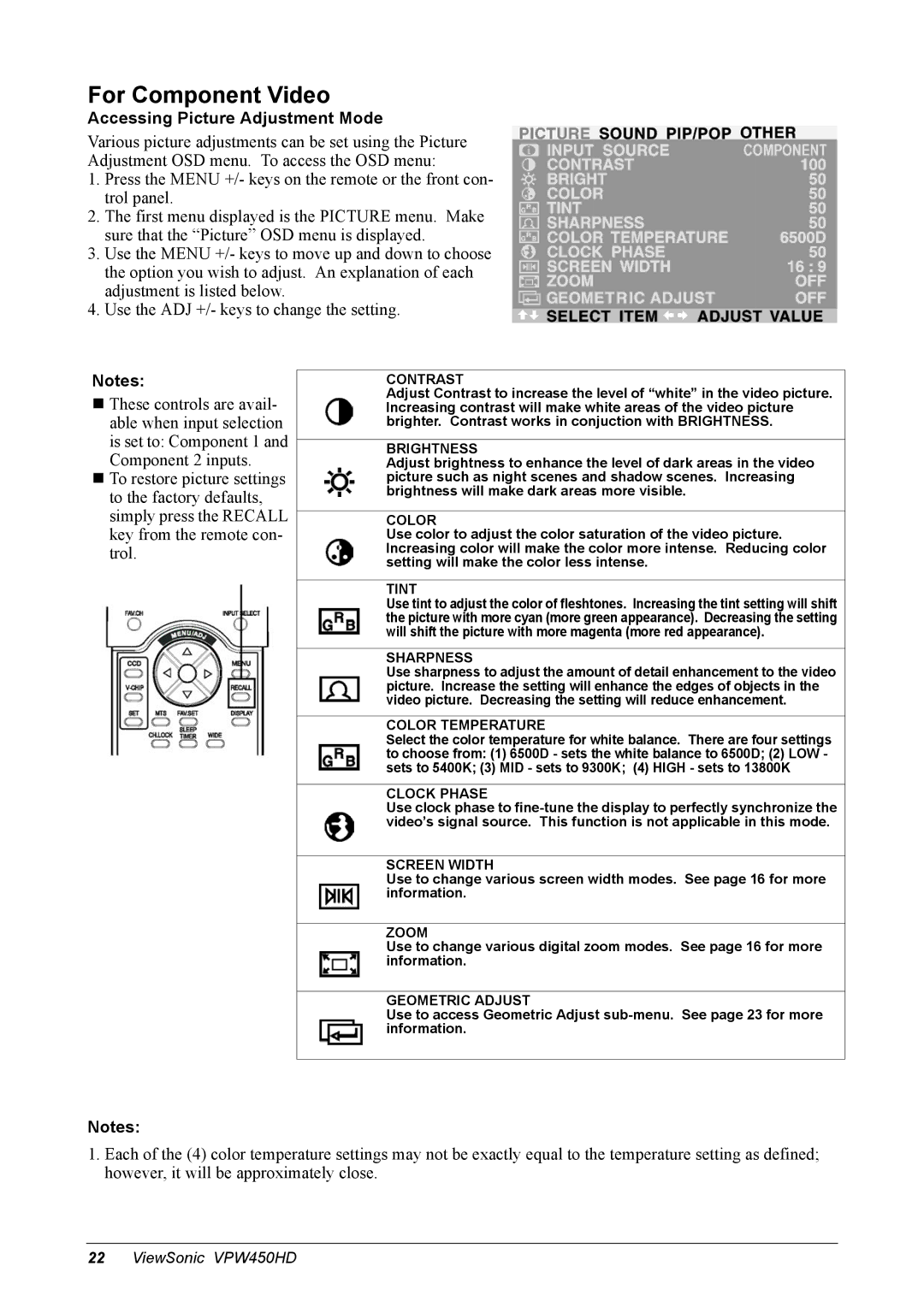 ViewSonic VPW450HD manual For Component Video, Geometric Adjust 