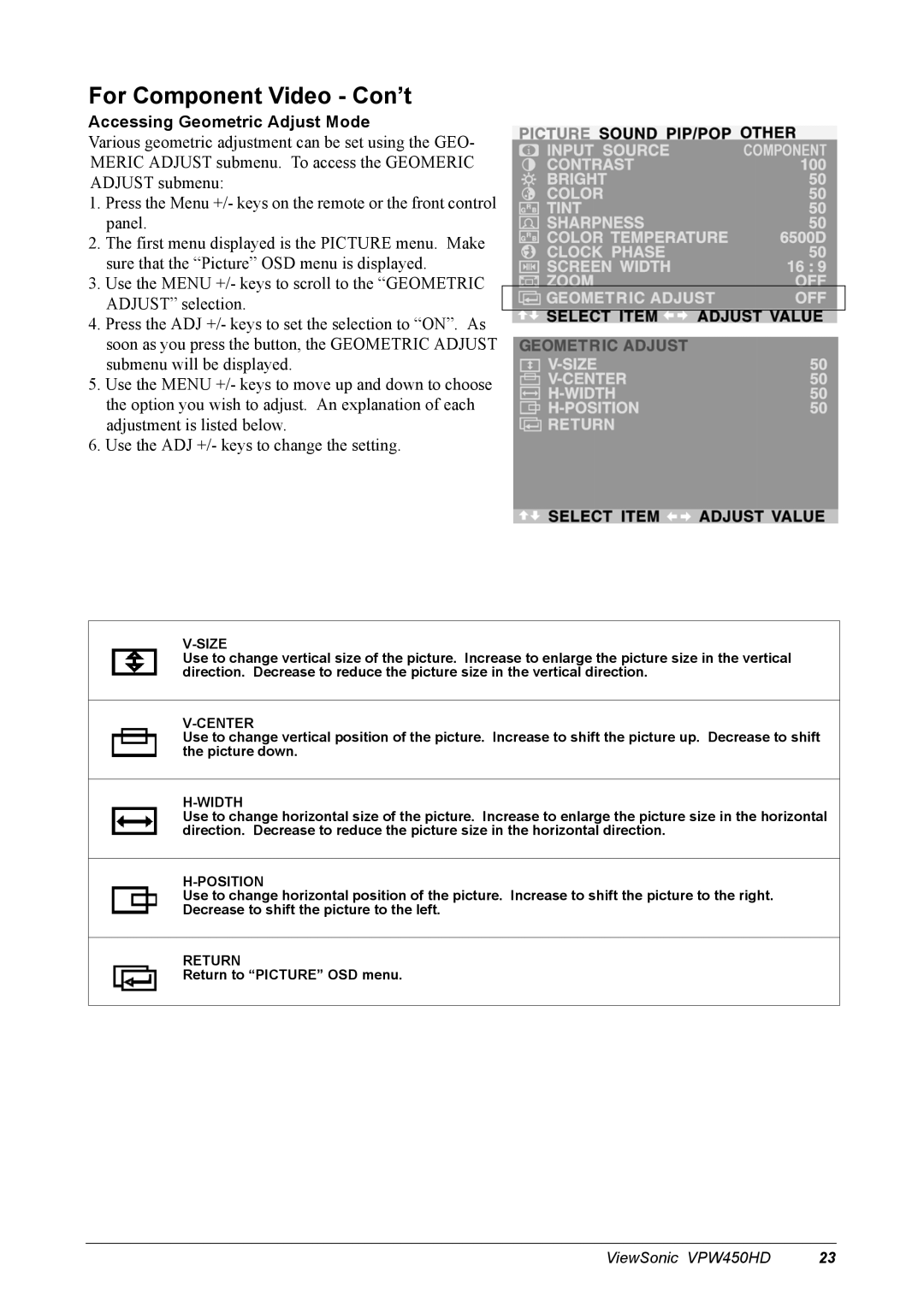 ViewSonic VPW450HD manual For Component Video Con’t, Accessing Geometric Adjust Mode 