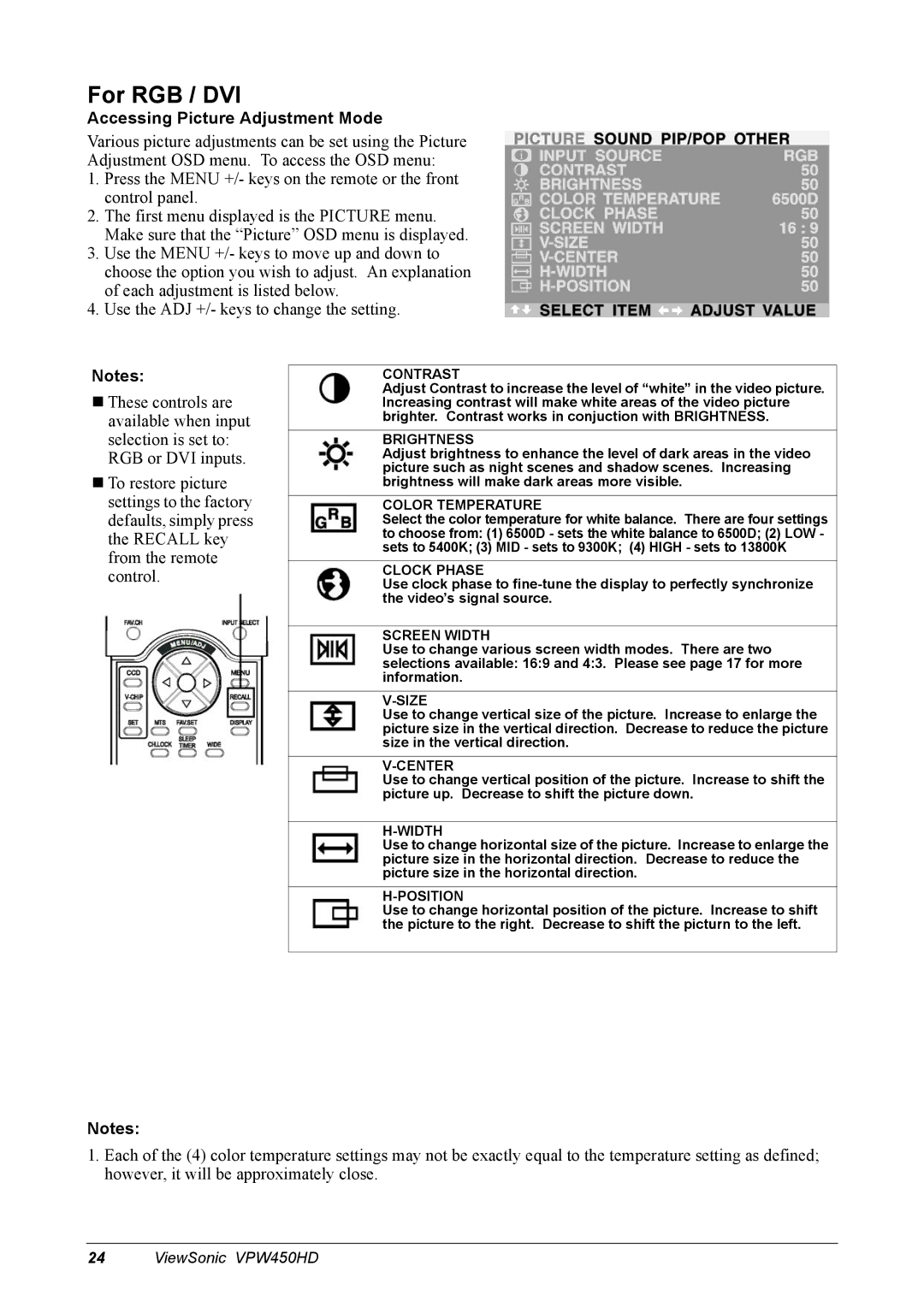 ViewSonic VPW450HD manual For RGB / DVI 