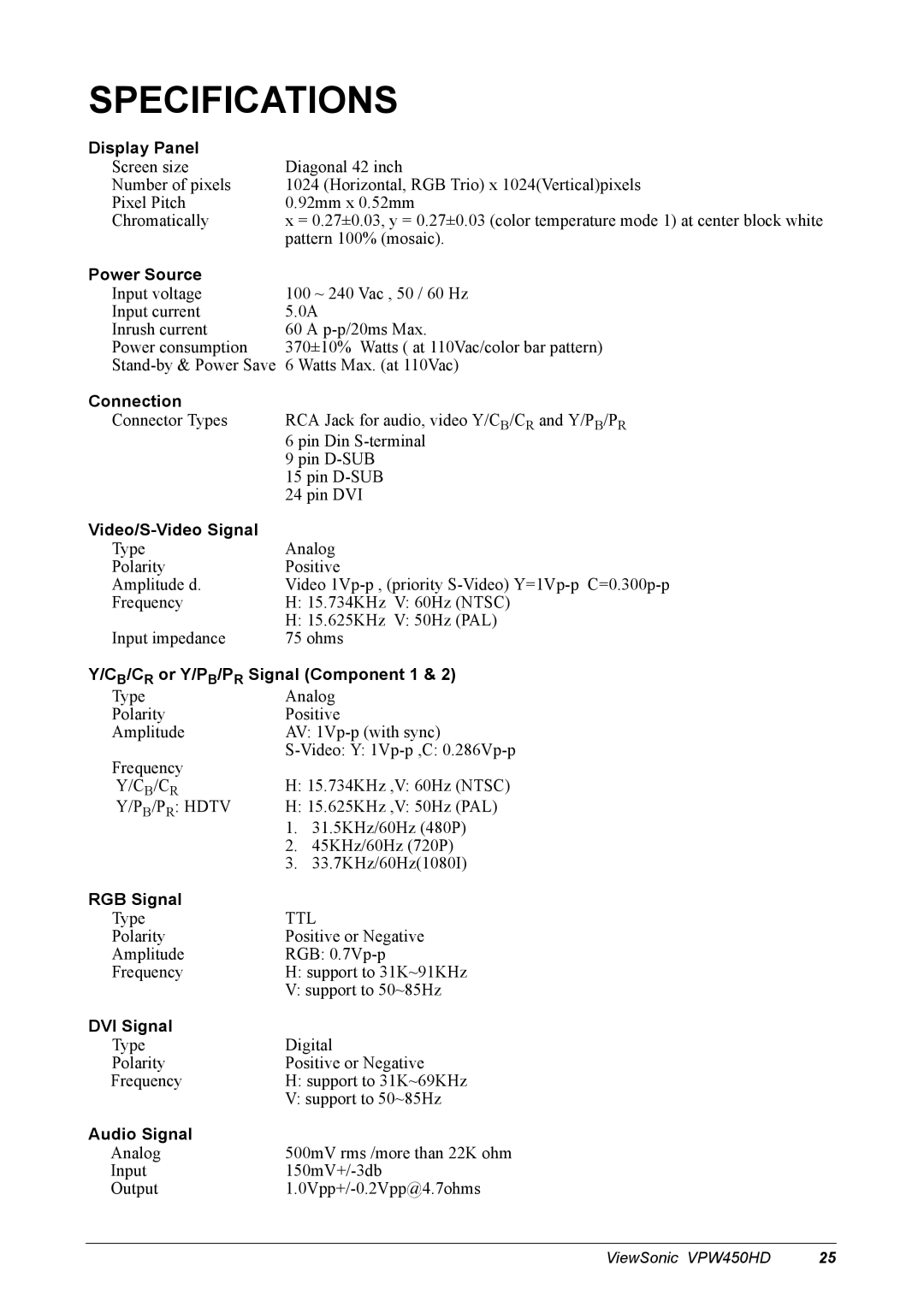 ViewSonic VPW450HD manual Specifications 