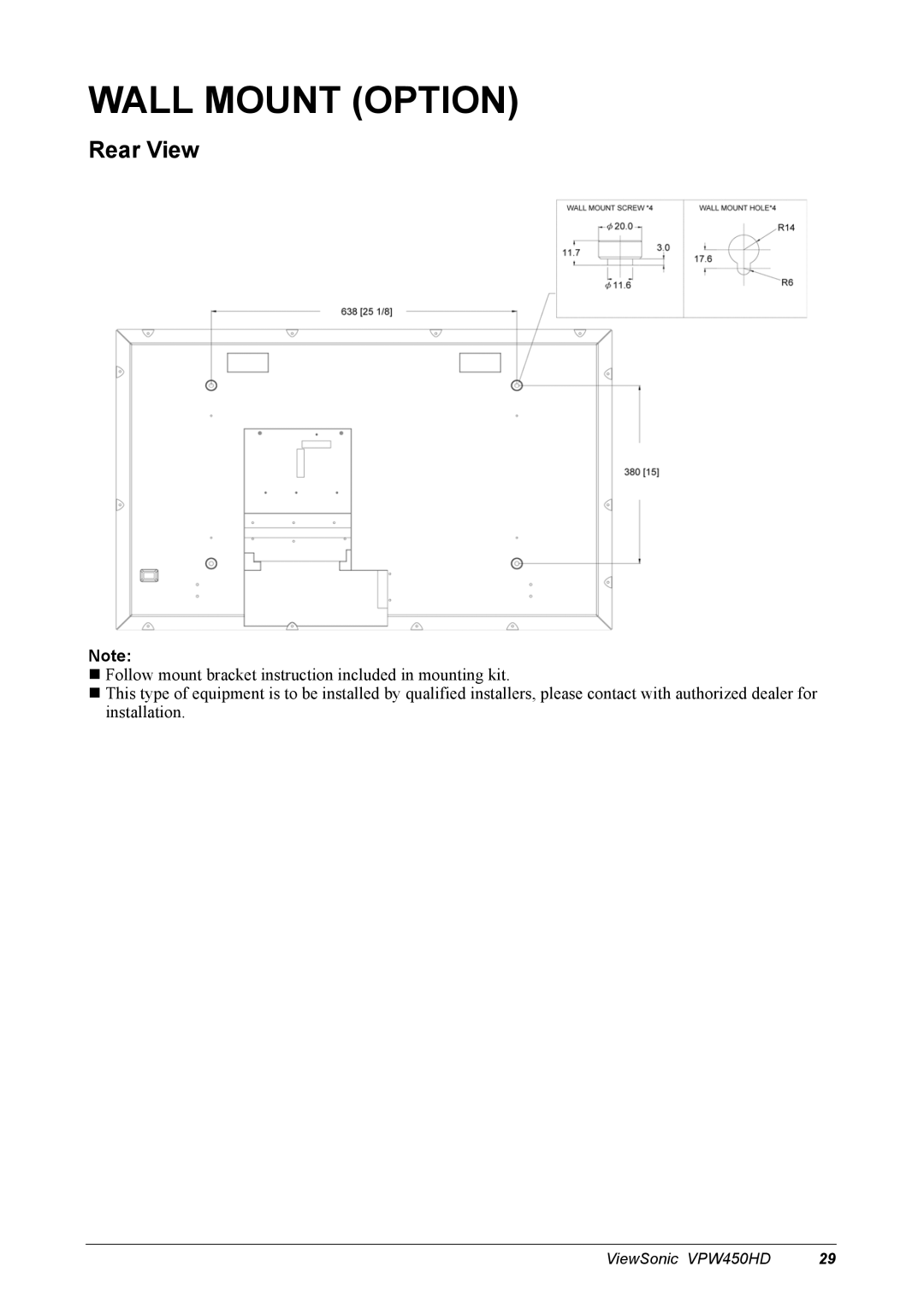 ViewSonic VPW450HD manual Wall Mount Option, Rear View 