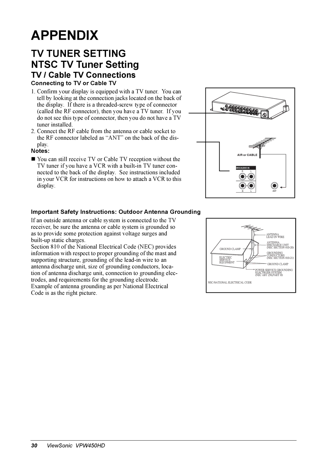 ViewSonic VPW450HD manual Appendix, TV / Cable TV Connections, Connecting to TV or Cable TV 