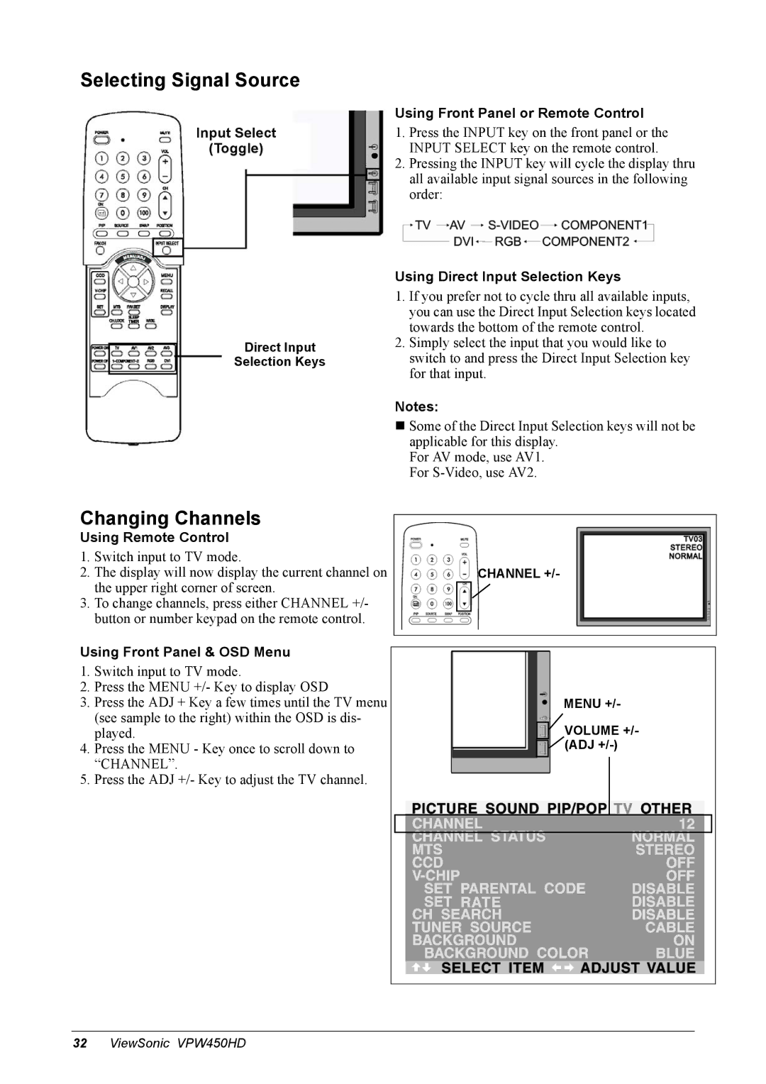 ViewSonic VPW450HD manual Changing Channels, Using Remote Control, Using Front Panel & OSD Menu 