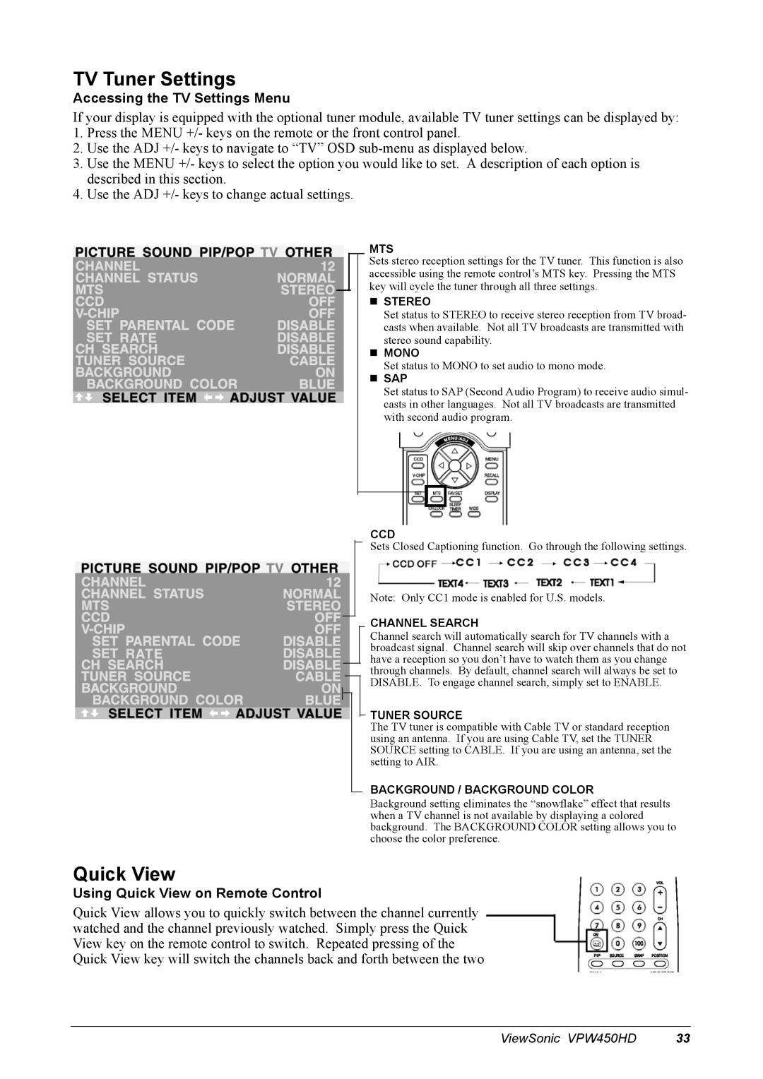 ViewSonic VPW450HD manual TV Tuner Settings, Accessing the TV Settings Menu, Using Quick View on Remote Control 