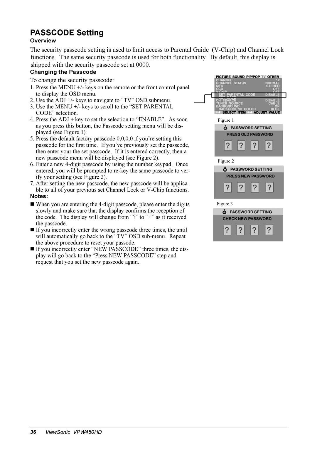 ViewSonic VPW450HD manual Passcode Setting, Overview, Changing the Passcode 