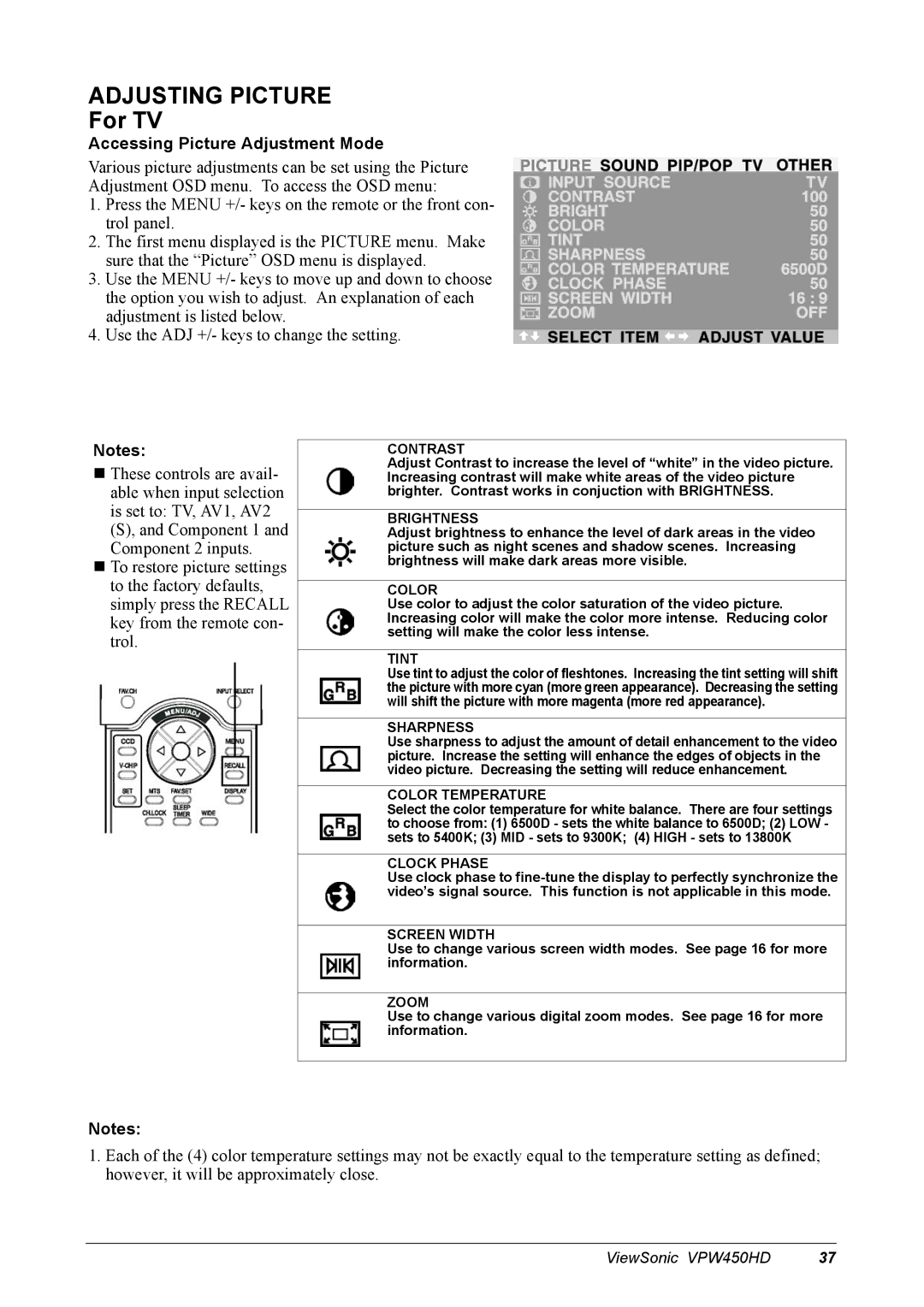 ViewSonic VPW450HD manual Adjusting Picture, For TV 