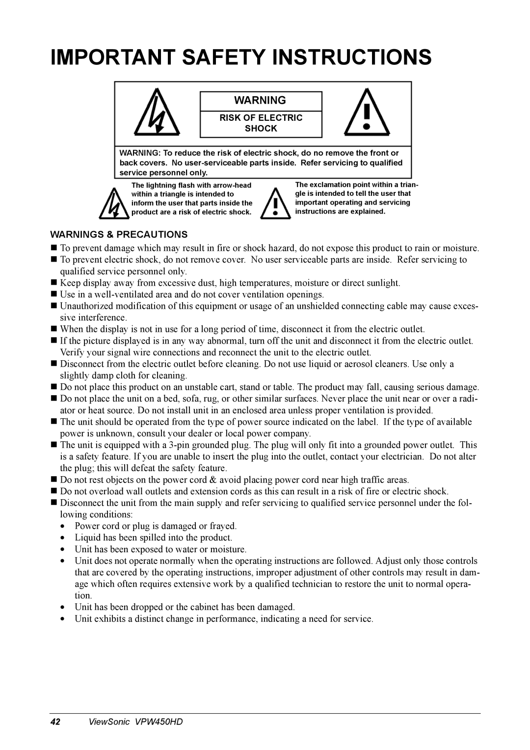 ViewSonic VPW450HD manual Important Safety Instructions, Risk of Electric Shock 