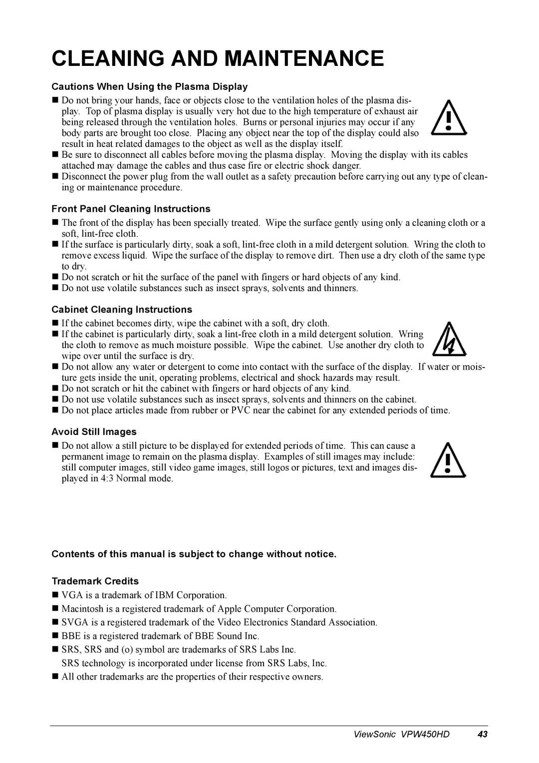 ViewSonic VPW450HD manual Cleaning and Maintenance, Front Panel Cleaning Instructions, Cabinet Cleaning Instructions 