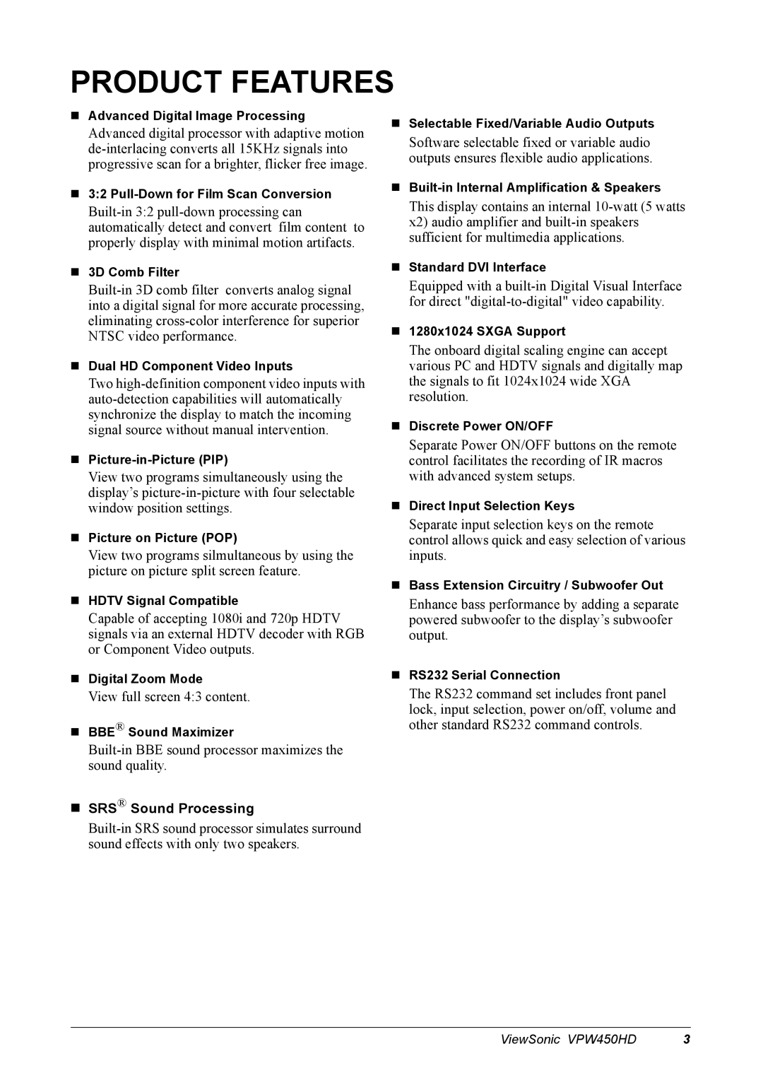 ViewSonic VPW450HD manual Product Features, „ SRS Sound Processing 